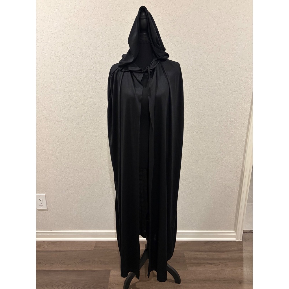 Black Hooded Cape Costume Accessory Floor Length Satin Finish Tie Front